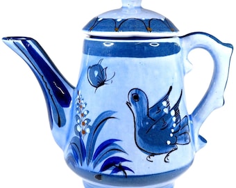 Théière avec couvercle oiseau bleu tonala et papillon - Poterie mexicaine vintage signée