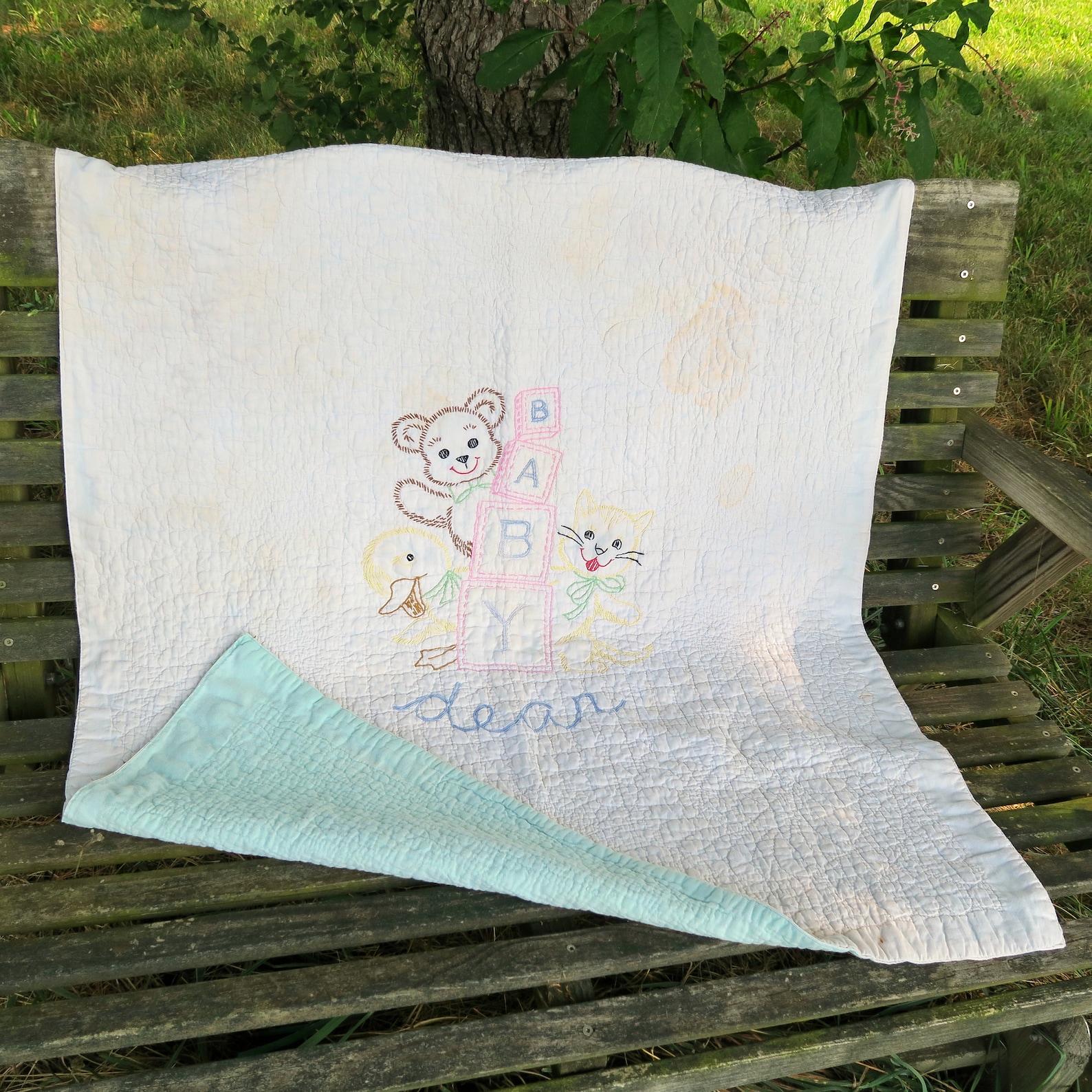 Hand Embroidered Quilted Crib Blanket 35x42 Baby Etsy