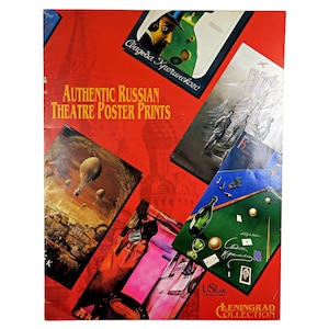 May include: A rectangular poster featuring a collage of various Russian theatre prints against a bright red background. The text reads Authentic Russian Theatre Poster Prints and Leningrad Collection. The imagery includes a hot air balloon, a billiards table, and figures in period clothing.