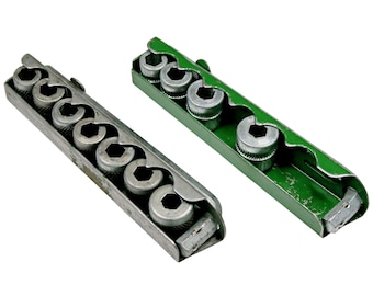 1930s Indestro Pocket Socket Sets, SAE & Metric, Green Case, USA, Pat. 2,085,340