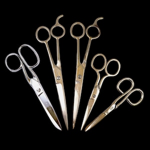 May include: A collection of five metal scissors arranged in a fan shape. The scissors vary in size and handle design, with some featuring finger rests. Each pair has two circular finger loops and sharp blades connected by a central screw mechanism.