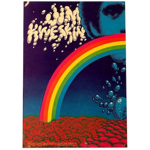 May include: A psychedelic poster featuring a vibrant rainbow arching over a field of red flowers. The text "Jim Kweskin" is displayed in white, bubble-like letters. The background is a deep blue with stylized water droplets and a blue face.