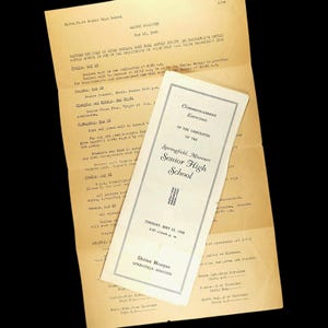May include: A vintage document from Springfield Senior High School, featuring a printed announcement for commencement exercises. The document is dated May 25, 1948, and includes details about the ceremony. The paper has a yellowed, aged appearance.