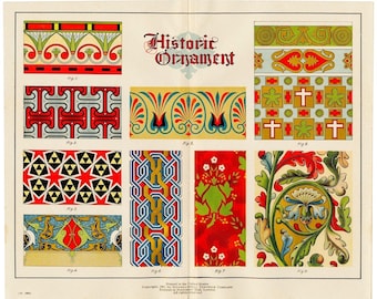 Lámina litográfica de ornamento histórico de 1905 - Impresión de libro de instrucciones de arte