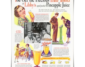 Pubblicità vintage del 1936 del succo d'ananas Libby's, tonici alla frutta.