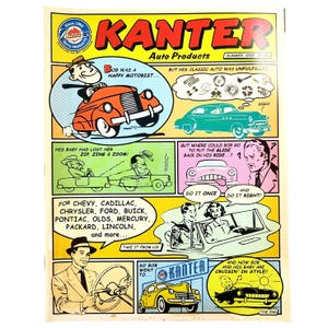 Puede incluir: Un anuncio estilo cómic para Kanter Auto Products. La colorida ilustración presenta varios coches clásicos y personajes de dibujos animados. El texto incluye "Bob era un motorista feliz" y "Cruisin' in style!"