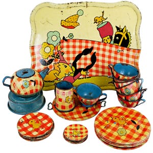 May include: A vintage toy tea set with a yellow and red checkered pattern. The set includes a tray, teapot, cups, saucers, and plates. The tray features a whimsical illustration. The tea set is made of metal and has a charming, nostalgic appeal.