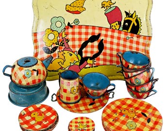Vintage Ohio Art Zinn Tee-Set - 1930er Jahre Farn Bisel Peat Humpty Dumpty Thema