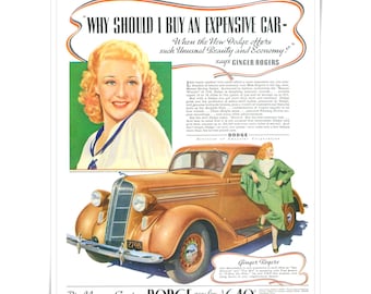 1936 Dodge Automobile-advertentie, Ginger Rogers, vintage tijdschriftpagina
