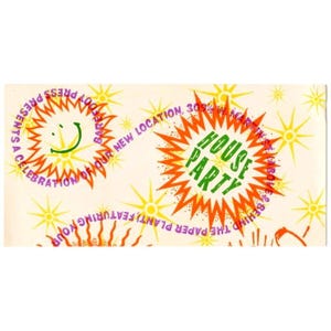 May include: A retro invitation on a cream background. The design includes two sunburst graphics with the words "House Party" and "A Celebration of Our New Location". Other text is also visible in a circular pattern.