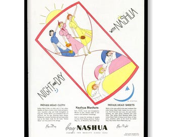 Nashua Indian Head Cloth Blankets – Anzeige von 1937 – Night & Day – Historische Werbung
