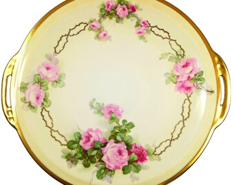 Plato para servir Royal Rudolstadt Prussia de 28 cm con asa y rosa pintada a mano, ribete dorado