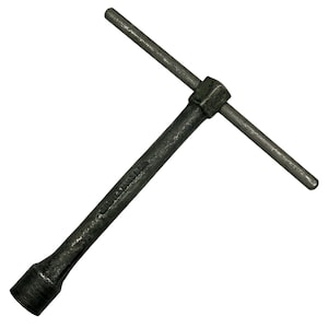 Puede incluir: Una llave de vaso con mango en T de color gris oscuro. La llave tiene un casquillo cilíndrico en un extremo y un mango en forma de T. La herramienta de metal está diseñada para apretar o aflojar tuercas y pernos. La herramienta es de metal.