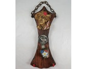 Folk Art Key Rack - Vintage 1970s - 2-Hook Rack - Key Storage - Painted Copper Bell - Fisherman Bust - Kitsch Cottage Decor