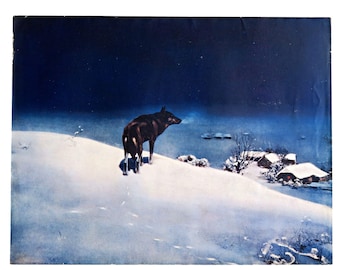 De Eenzame Wolf van Wierusz-Kowalski - Vintage lithografie uit de jaren 1920, Winternachtscène