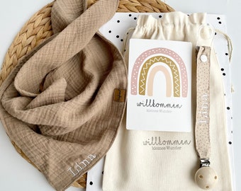 Gift set beige, pacifier strap & muslin cloth personalized