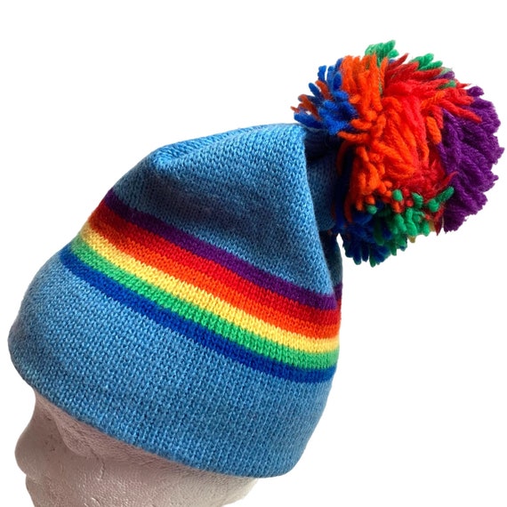 Vintage Smiley Wool Ski Hat Beanie Blue Rainbow P… - image 1