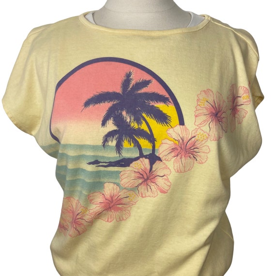 Vintage 80s Tropical T Shirt Top Large Yellow Pal… - image 2