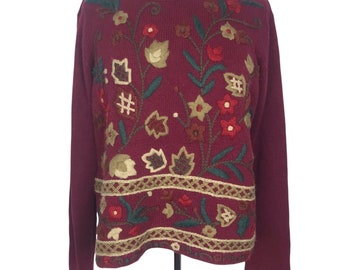 Vintage Burgundy Floral Embroidered Sweater Large All Points Boho Cotton Blend