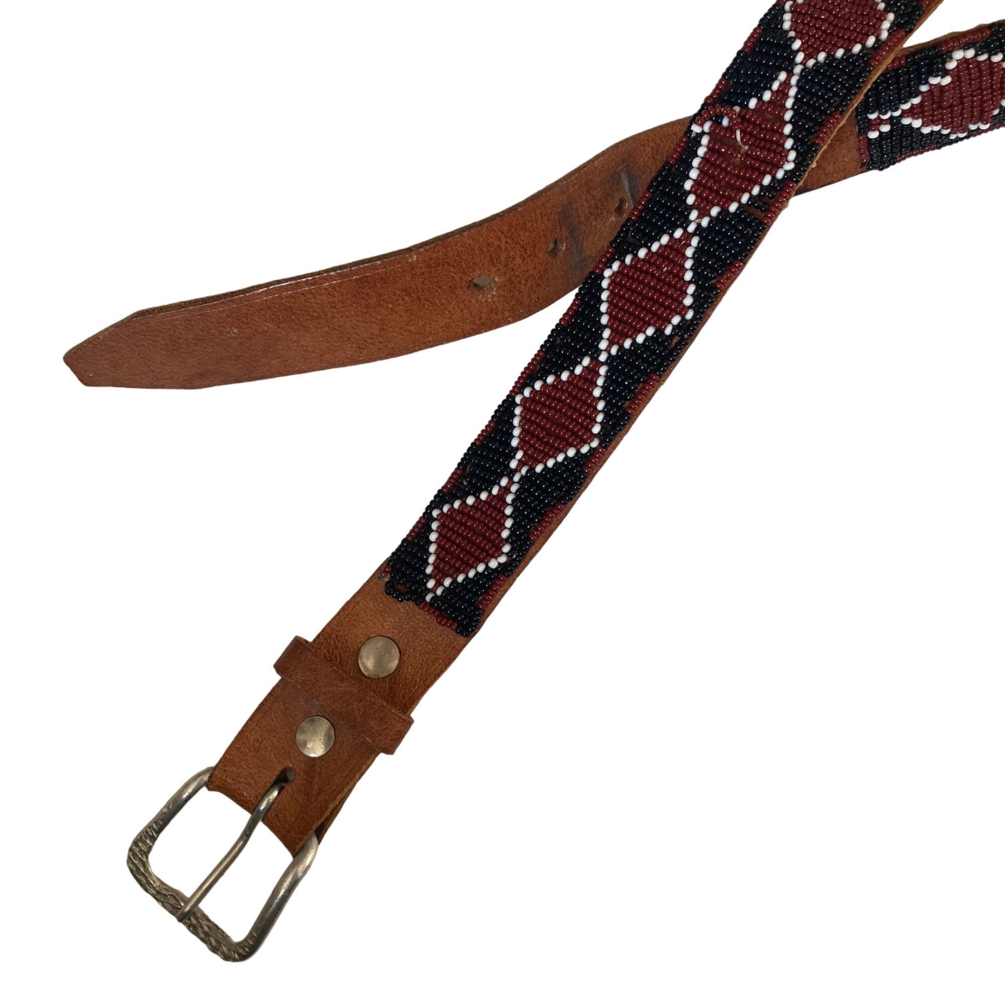 Vintage southwestern boho wooded beaded red black leather belt festival Vintage Hand Beaded Leather Belt Womens Large Red Black  main image 4