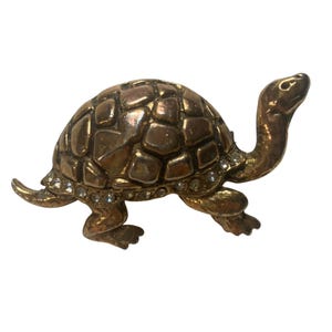 Vintage Gold Tone Turtle Brooch Pin Rhinestone Accents Tortoise 2.5 inch