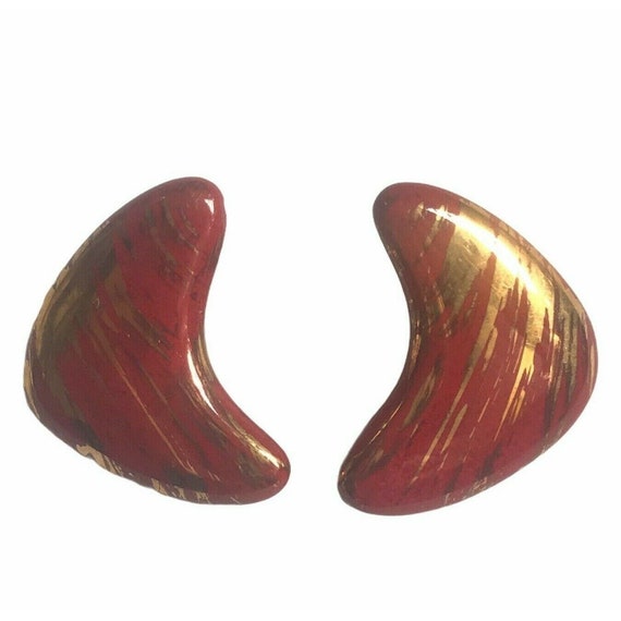 Vintage Boomerang Earrings Red Metallic Gold 80s … - image 1