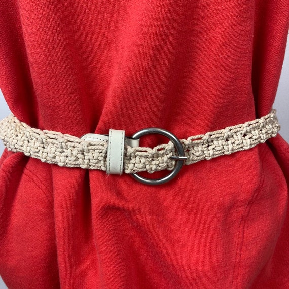 Vintage Womens Macrame Belt Beige Large Round Sil… - image 1