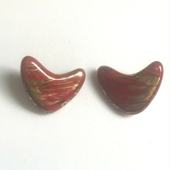 Vintage Boomerang Earrings Red Metallic Gold 80s … - image 6