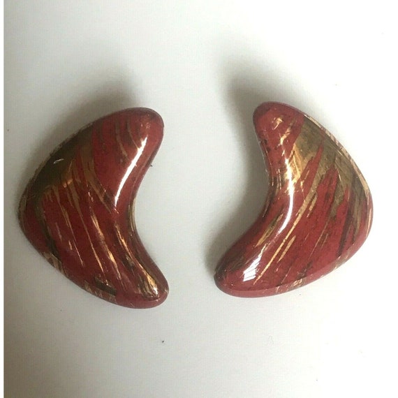 Vintage Boomerang Earrings Red Metallic Gold 80s … - image 3