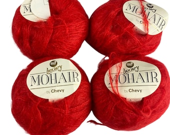 Luxury Mohair Yarn By Chevy Cherry Red Shade 6008 4 Skeins 50g Each Discontinued