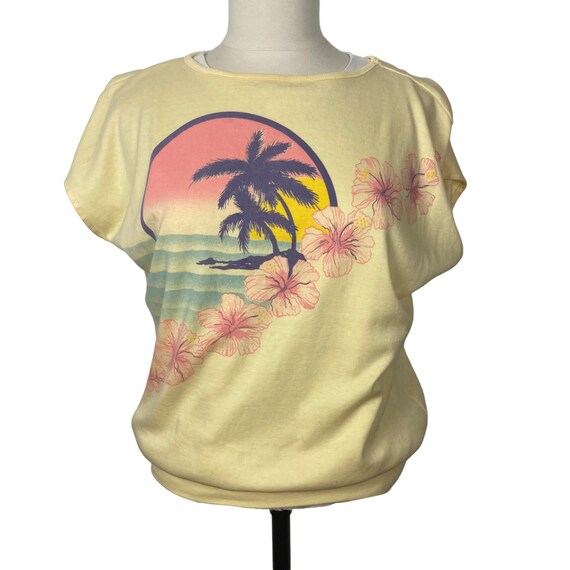 Vintage 80s Tropical T Shirt Top Large Yellow Pal… - image 1