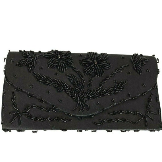 Vintage Sharonee Handmade Black Beaded Envelope Purse Clutch
