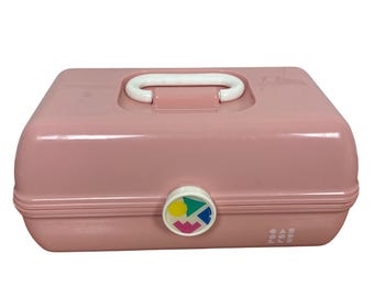 Vintage Caboodles 2 Tier Pink Jewelry Makeup Case Mirror Handle 5626 Made in USA