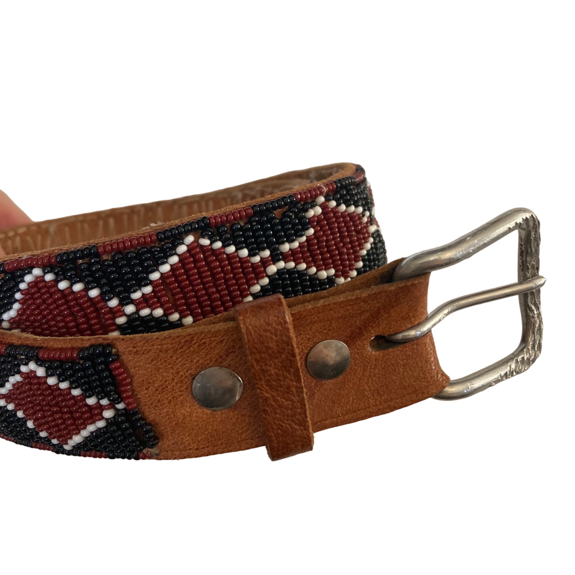 Vintage Hand Beaded Leather Belt Womens Large Red Black 