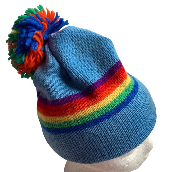 Vintage Smiley Wool Ski Hat Beanie Blue Rainbow P… - image 2