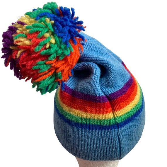 Vintage Smiley Wool Ski Hat Beanie Blue Rainbow P… - image 4