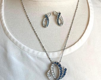 Vintage Avon Gallery Originals Blue Rhinestone Necklace Earrings Set Silver Tone