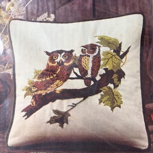 Peut inclure: Un coussin carré avec une broderie représentant deux hiboux marron et blanc perchés sur une branche d'arbre brun foncé avec des feuilles d'érable vertes. Le coussin possède une base en tissu crème et une bordure brun foncé sur les bords.