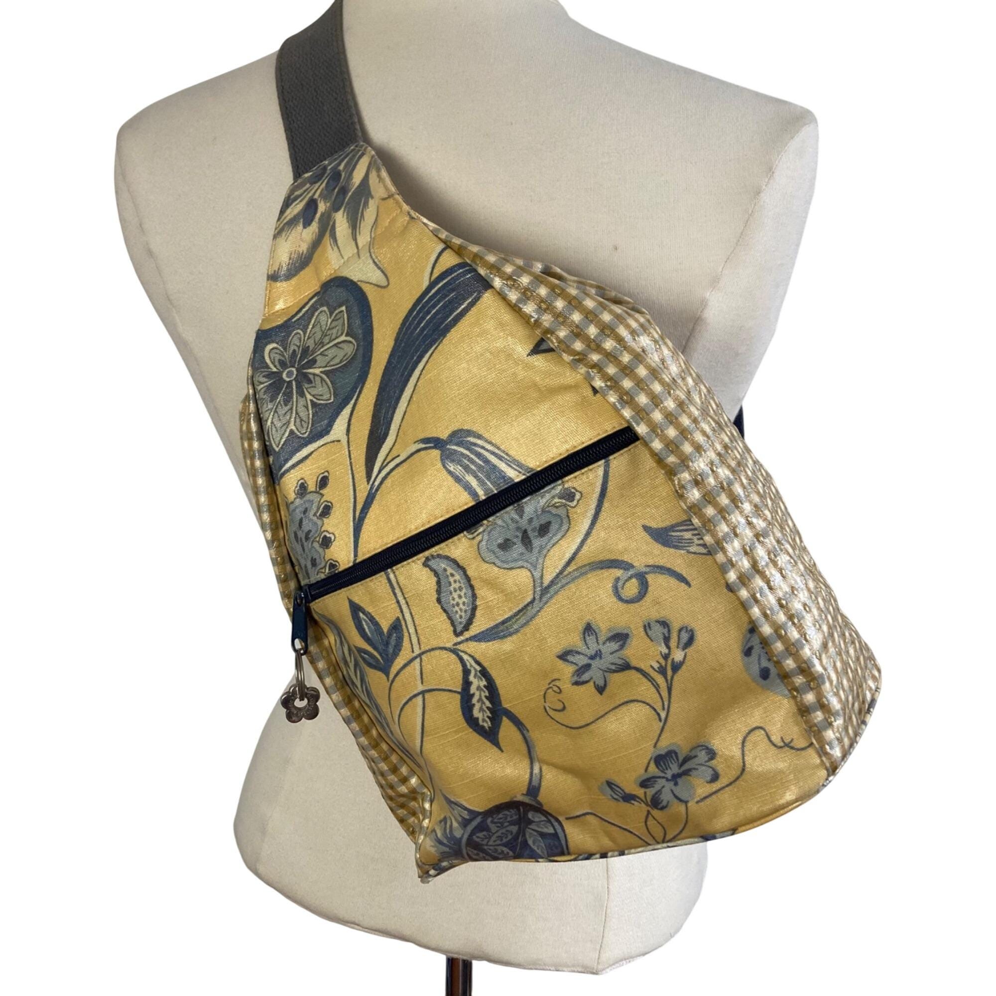 Vintage Nordic House Designs  Sling Backpack Floral Yellow Blue Coated Canvas Nordic House Bags - Etsy main image 2