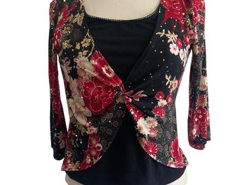 Vintage Y2K IZ Byer Floral Top XL Czarno-czerwony metaliczny złoty detal Whimsigoth