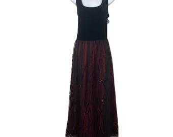 Vintage Jessica Howard Maxi Dress 12 Black Velvet Top Red Skirt Witchy  Goth