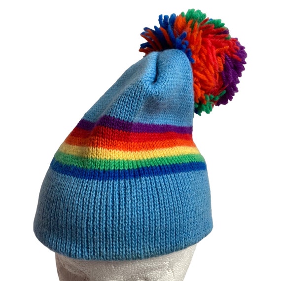Vintage Smiley Wool Ski Hat Beanie Blue Rainbow P… - image 3