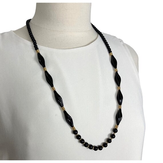 Vintage 80s Trifari Black Gold Beaded Necklace St… - image 2