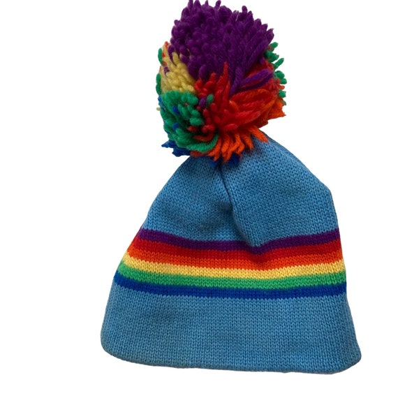 Vintage Smiley Wool Ski Hat Beanie Blue Rainbow P… - image 5