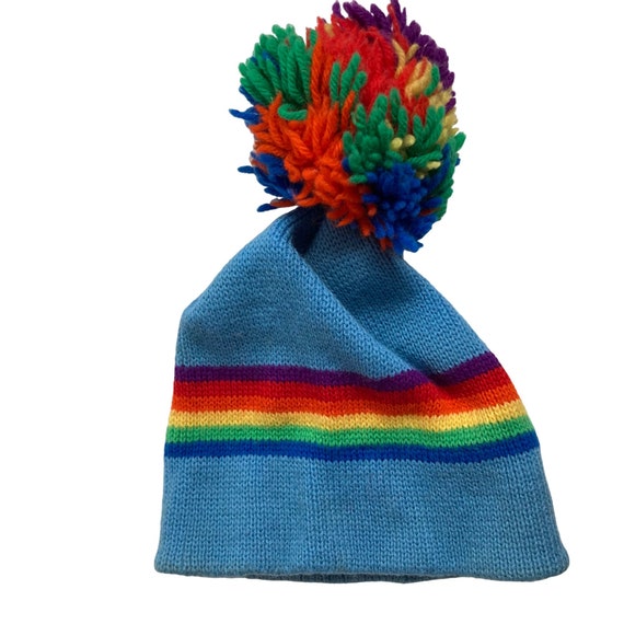 Vintage Smiley Wool Ski Hat Beanie Blue Rainbow P… - image 6