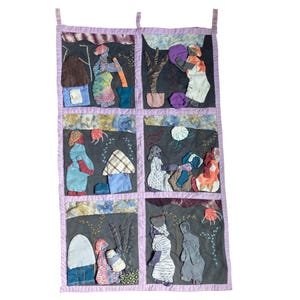 Weya 6 Panel Story Quilt Women Africa Zimbabwe Village Life Wall Hanging 22x37