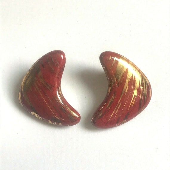 Vintage Boomerang Earrings Red Metallic Gold 80s … - image 7