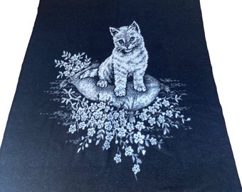 Vintage Santoja Fleece Blanket Tabby Kitten Cat 61x79 Black White Made in Spain