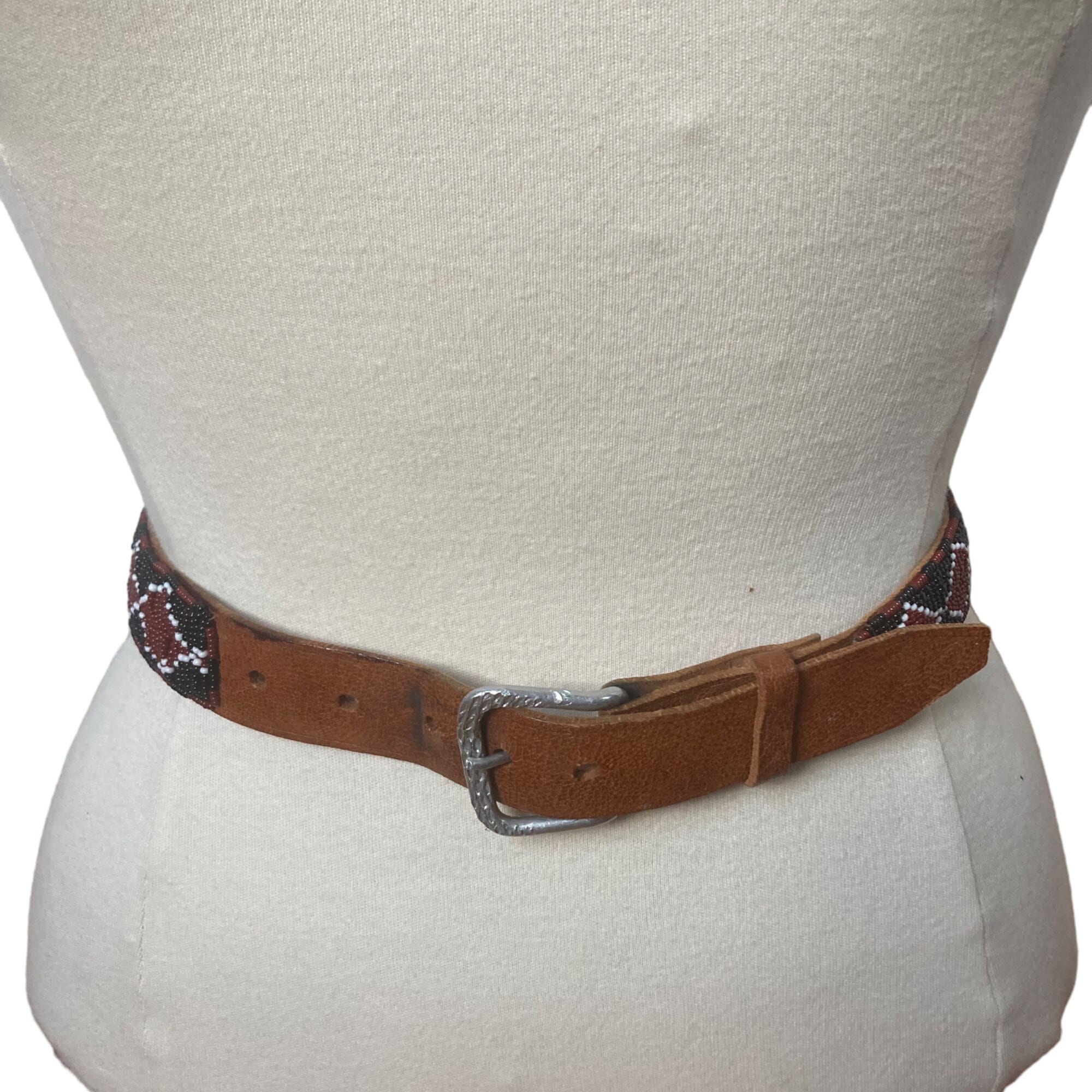 Vintage Hand Beaded Leather Belt Womens Large Red Black  display picture 3