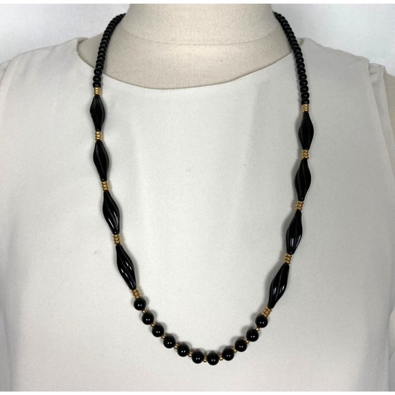 Vintage 80s Trifari Black Gold Beaded Necklace St… - image 1